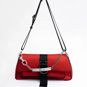 Dior Scarlet Satin Shoulder Bag with Black Accents